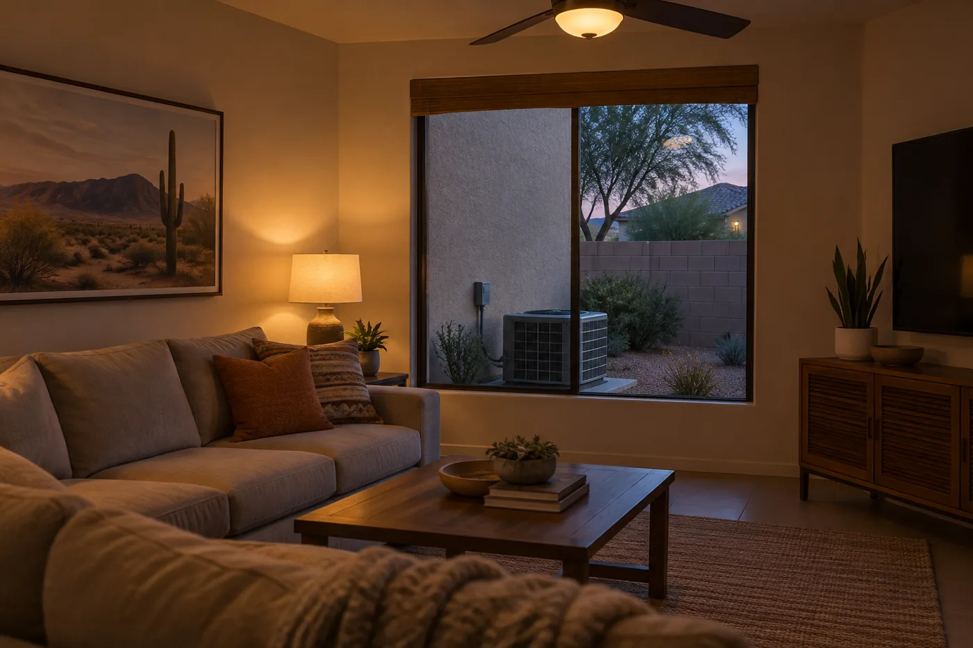 Phoenix living room at dusk with the AC condenser running outside, lights dimming when the AC turns on