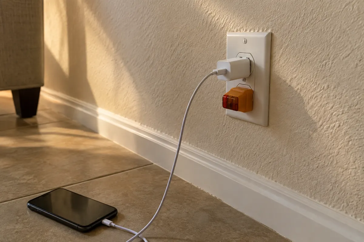 Outlet not working but breaker not tripped in a Phoenix home: wall outlet with a phone charger and a plug-in outlet tester, phone dark on the tile floor