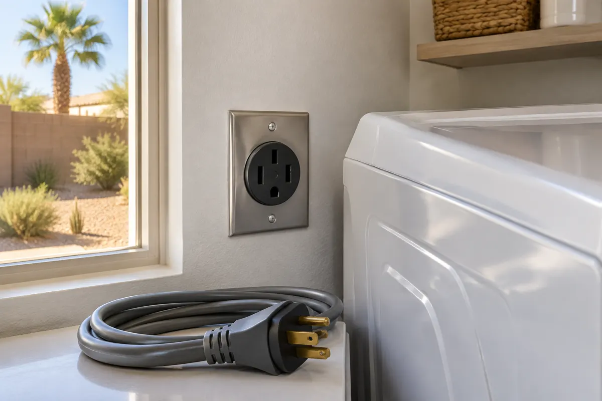 3-prong vs 4-prong dryer outlet in a Phoenix laundry room: a four-slot 240-volt dryer receptacle on the wall beside an electric dryer, a coiled four-prong dryer cord on the counter, and a desert backyard with a palm tree through the window