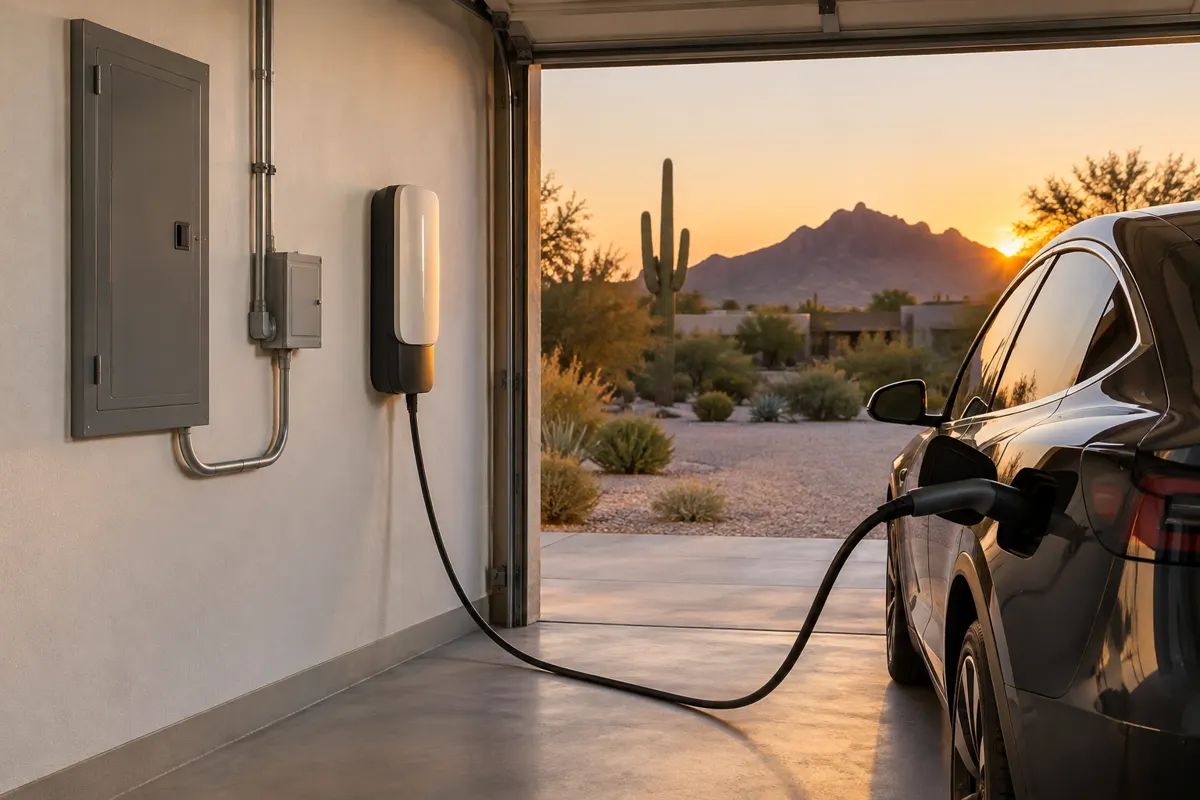 Level 2 EV charger and load management module beside the main panel in a Paradise Valley garage, an option for an EV charger without a panel upgrade in Phoenix