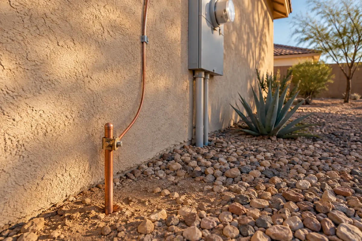 Home electrical grounding in Phoenix: copper ground rod with a clamp and bare copper wire beside a stucco wall below an outdoor meter, gravel and agave landscaping