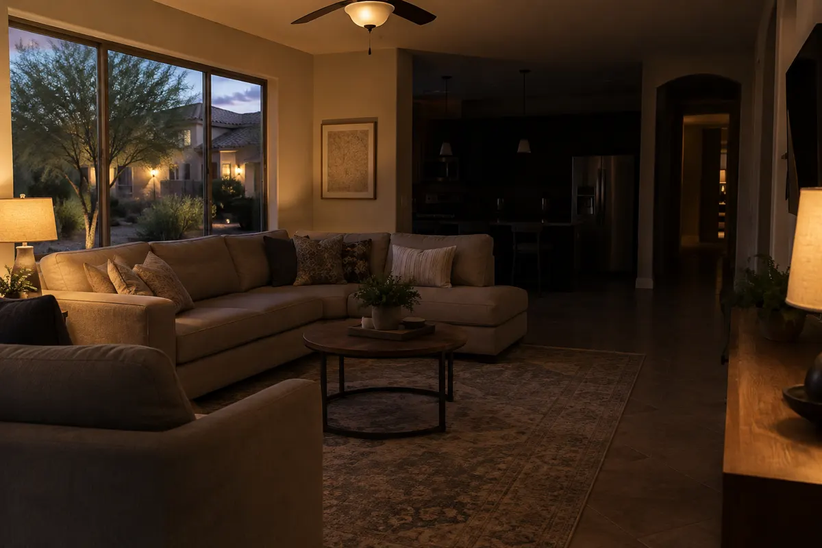 Phoenix home at dusk where the living room lamps are on but the kitchen is dark, a typical sign that half the house has no power