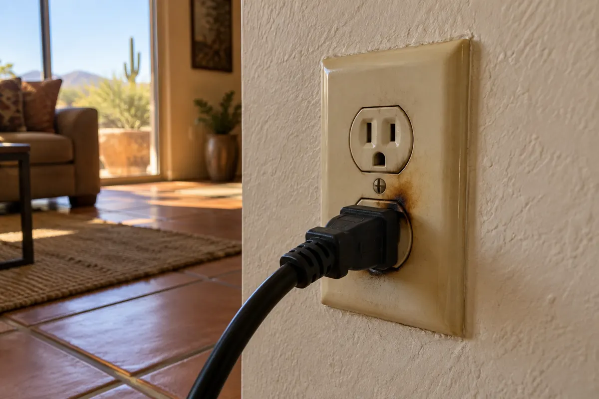 Hot outlet with burn marks in a Phoenix home: a yellowed wall outlet with scorch marks around the lower receptacle where a black plug is inserted, desert view through a window behind