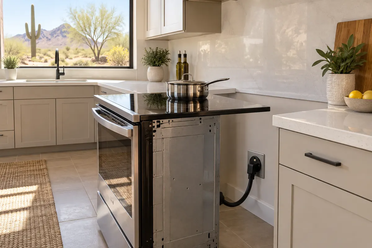 Induction cooktop electrical requirements in a Phoenix kitchen: an all-electric induction range pulled out from the counter and plugged into a 240-volt range outlet on the wall, with a saguaro and desert landscaping outside the window