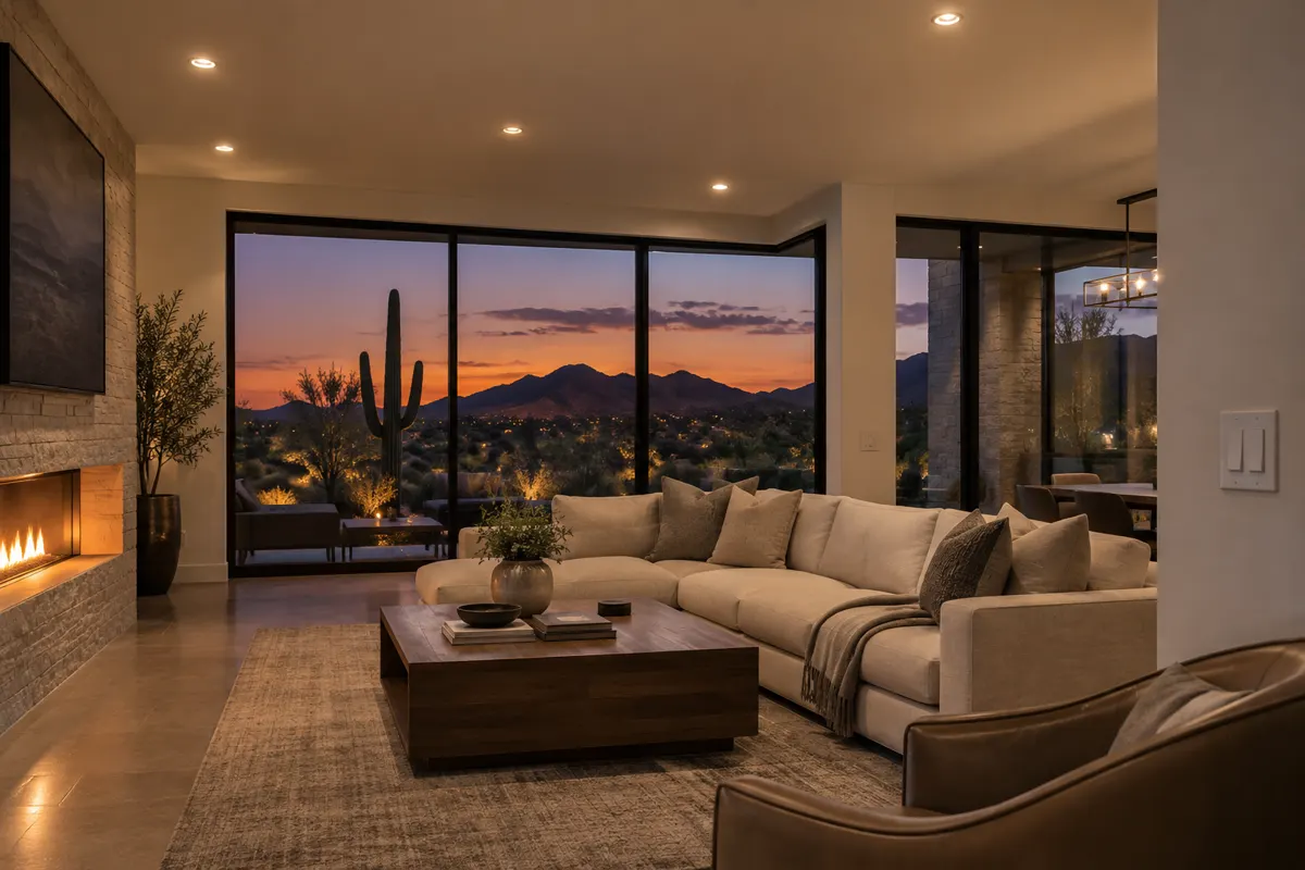 Scottsdale living room at dusk with recessed LED downlights and a wall switch, the kind of room where LED lights flickering is a common Phoenix question