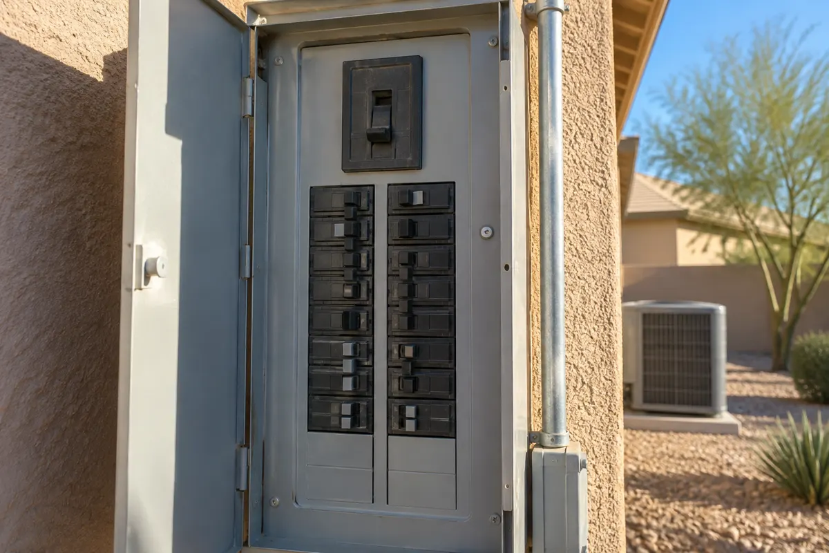 Main breaker keeps tripping: outdoor electrical panel with the door open on a stucco wall of a Phoenix home, AC condenser and palo verde tree in the yard