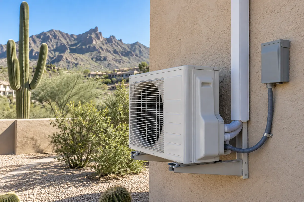 Mini-split electrical installation at a Phoenix-area desert home: outdoor mini-split unit on a wall bracket with a gray disconnect box and flexible conduit on a stucco wall, saguaro and mountains behind