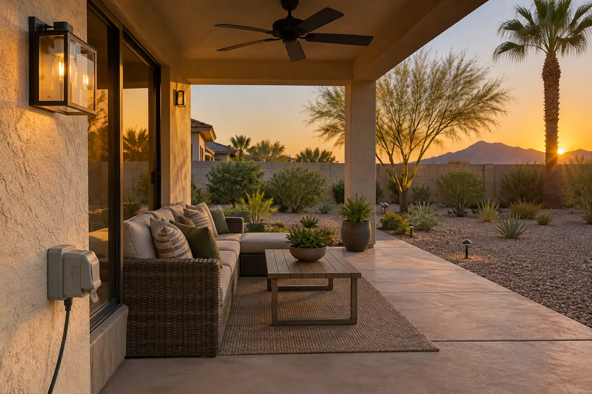 Outdoor outlet installation in Phoenix: a weatherproof in-use cover on a GFCI outlet on a stucco patio wall with a cord plugged in, a patio ceiling fan and desert landscaping at sunset