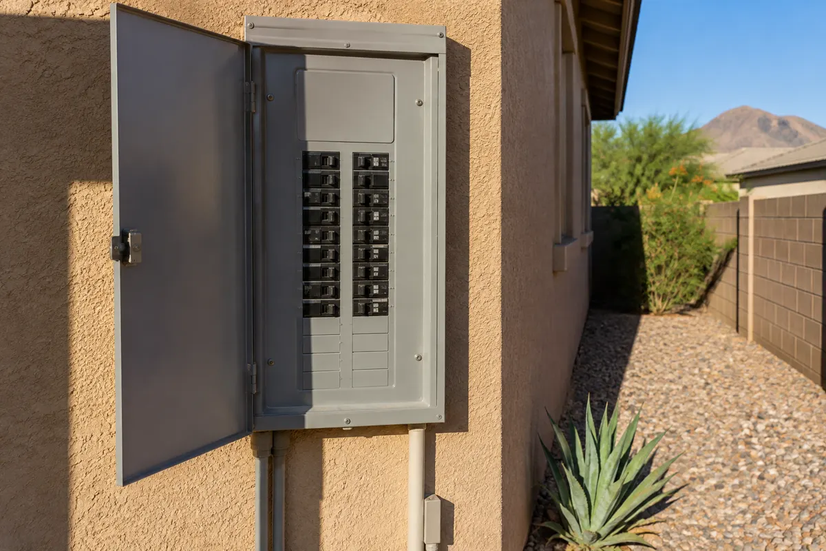 Electrical panel buzzing in a Phoenix home: gray breaker panel with its door open on a sunlit stucco wall beside a desert gravel side yard