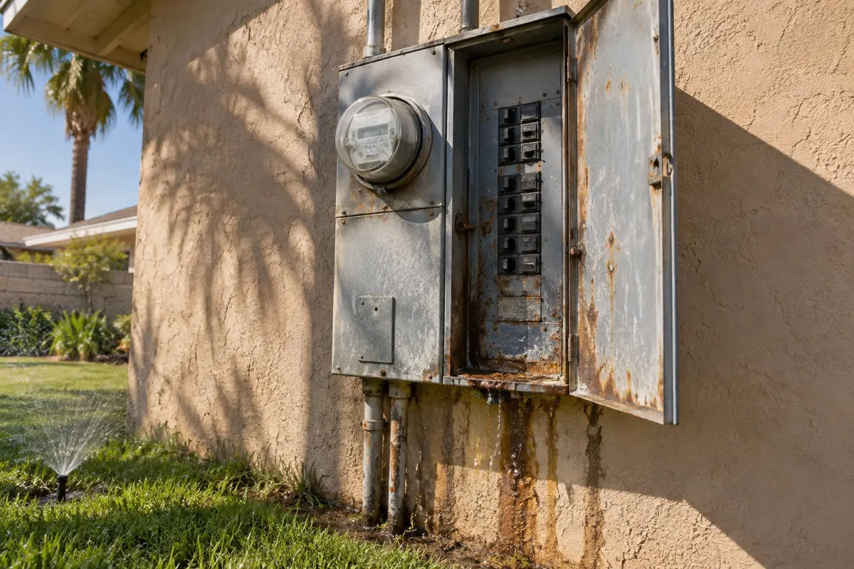 Rust in an electrical panel on a Phoenix home: weathered outdoor meter and breaker panel on a stucco wall, door open, rust streaks and water stains below, a lawn sprinkler spraying nearby