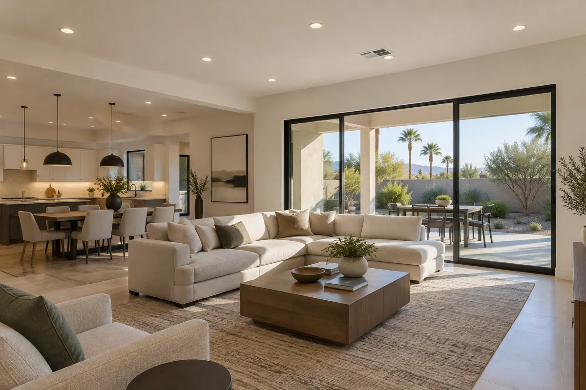 Recessed lighting installation in a Phoenix-area home: slim canless LED downlights in a white living room and kitchen ceiling, with a covered patio, palm trees and desert landscaping outside