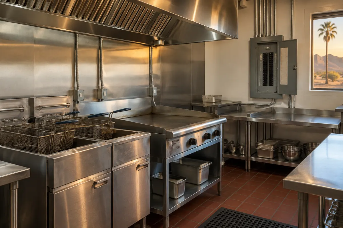 Restaurant kitchen electrical in Phoenix: electric fryers and a griddle under a stainless exhaust hood, flexible conduit whips to the equipment and an open commercial panel on the wall, desert palm outside the window