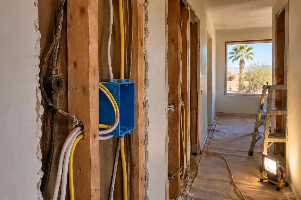 Whole-house rewiring in a Phoenix ranch home: open hallway walls with new white and yellow cable run through wood studs, old black wiring and a blue outlet box, palm tree outside the window
