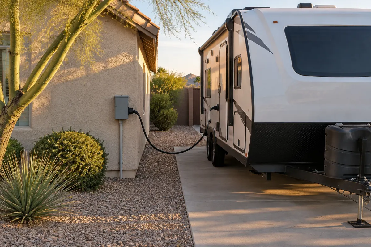 Travel trailer parked on a side driveway pad next to a Phoenix stucco home, plugged into a gray outdoor RV outlet box on the wall, a typical RV outlet installation