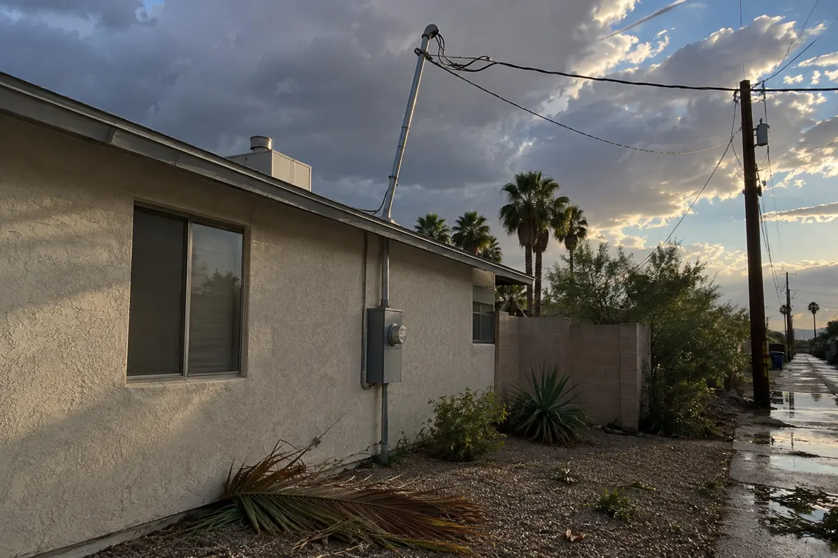 Storm-damaged service mast leaning above the roof of a Phoenix ranch home, with overhead service drop wires running to an alley utility pole