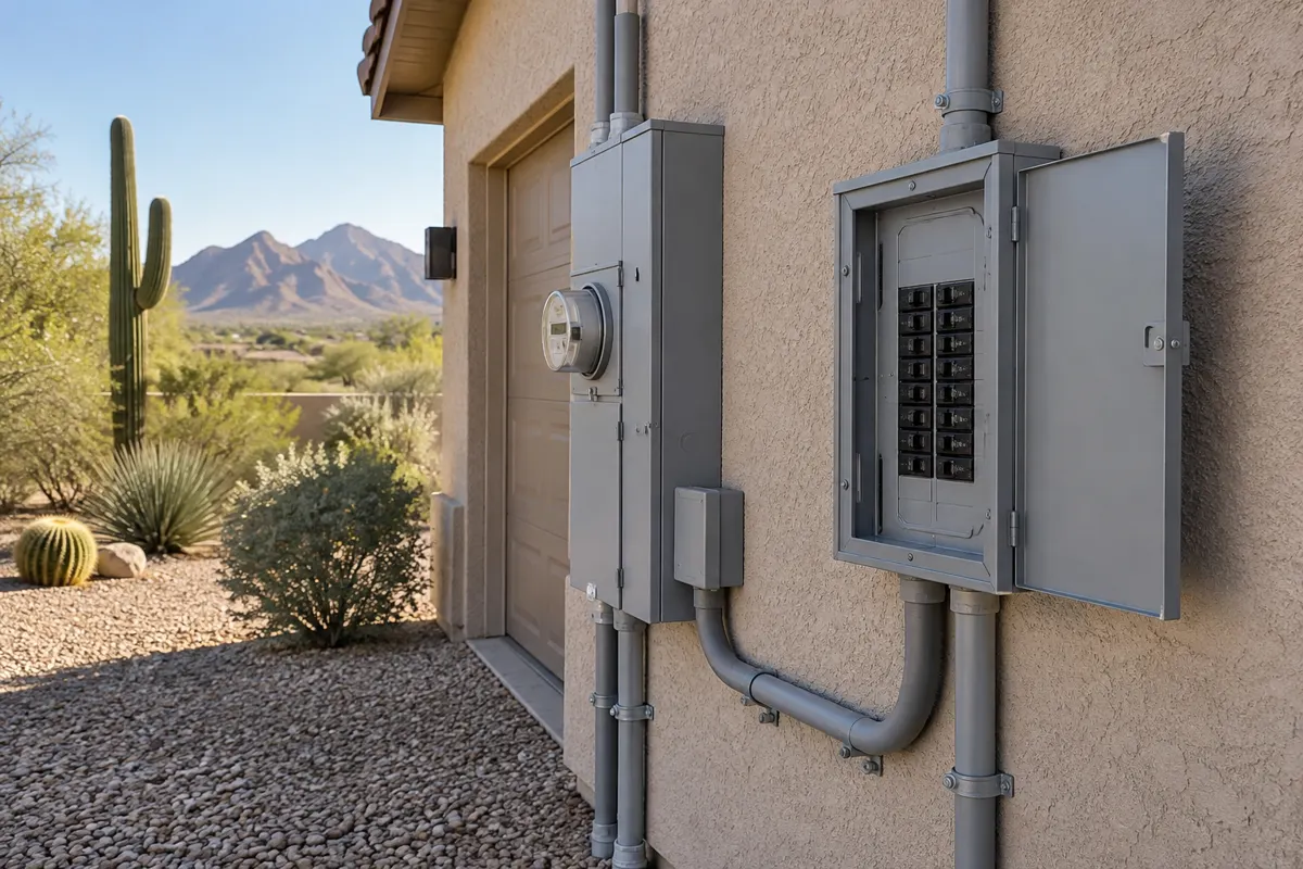 New subpanel installed beside the meter and main panel on a Fountain Hills garage wall, showing the subpanel vs panel upgrade choice in Phoenix