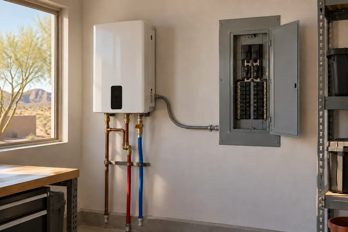 Electric tankless water heater electrical setup in a Phoenix garage: white wall-mounted tankless unit with copper and PEX lines, gray flexible conduit running to an open breaker panel, desert view through the window