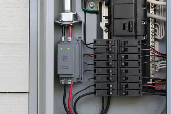 Whole-house surge protector installed in a breaker panel